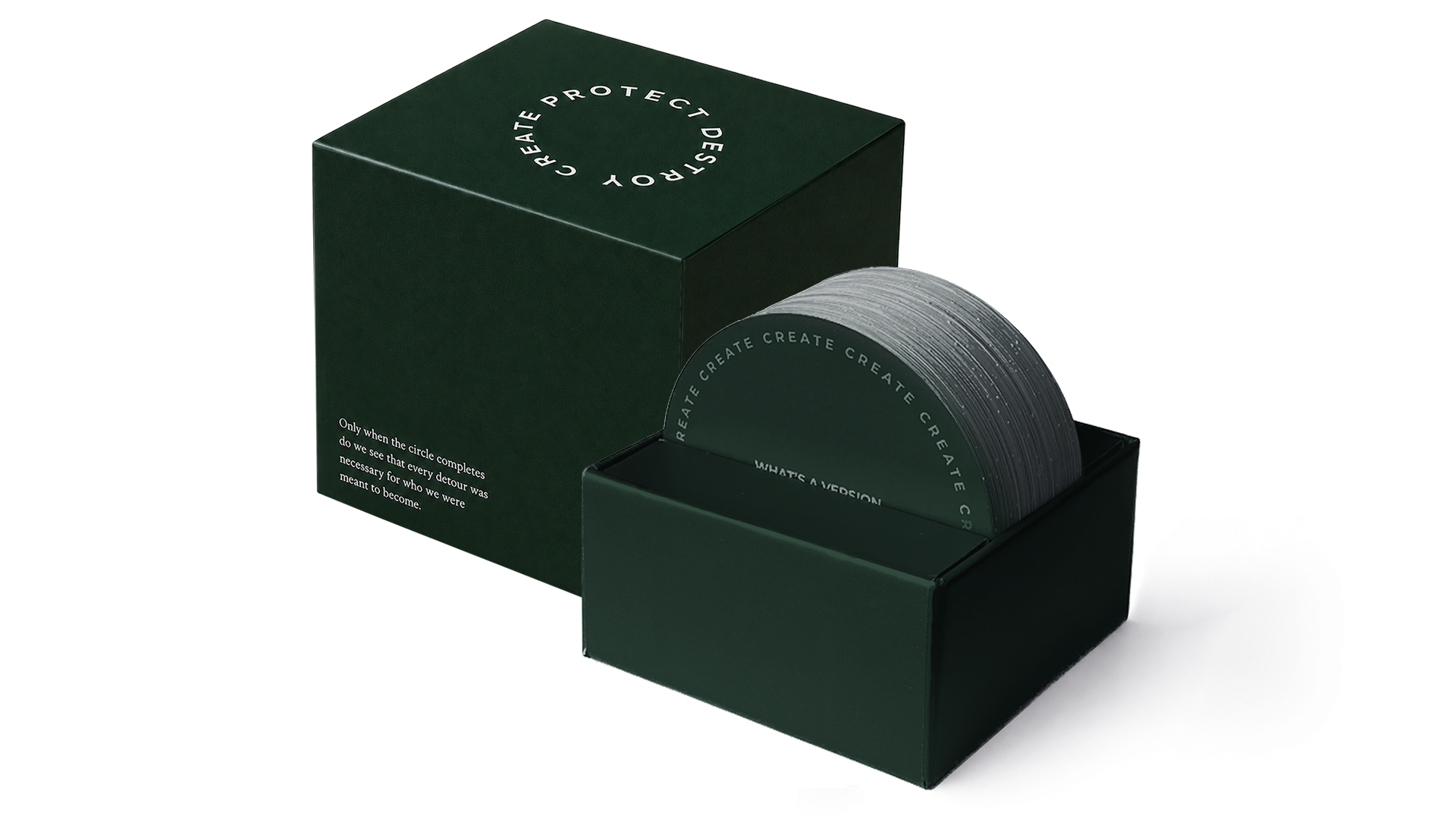 The Create Protect Destroy box open, showing the round card deck inside